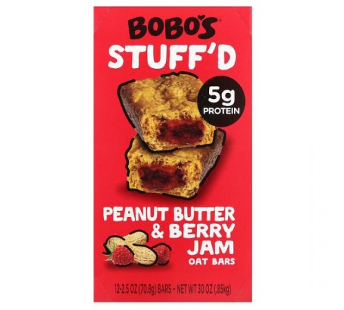 Bobo's Oat Bars, Stuff'd, вівсяні батончики, арахісова паста й ягідне варення, 12 батончиків по 70,8 г (2,5 унції) Bobo's Oat Bars, Stuff'd, вівсяні батончики, арахісова паста й ягідне варення, 12 батончиків по 70,8 г (2,5 унції)