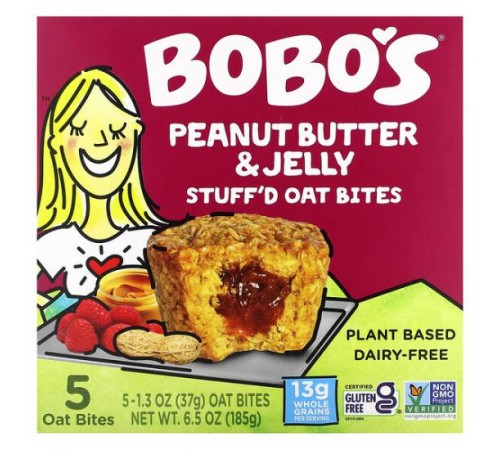 Bobo's Oat Bars, Stuff'd Oat Bites, арахісова паста й желе, 5 шматочків по 37 г (1,3 унції) Bobo's Oat Bars, Stuff'd Oat Bites, арахісова паста й желе, 5 шматочків по 37 г (1,3 унції)