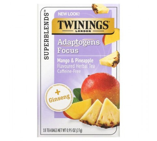 Twinings, Focus Herbal Tea, Ginseng, Mango & Pineapple, Caffeine Free, 18 Tea Bags, 0.95 oz (27 g)