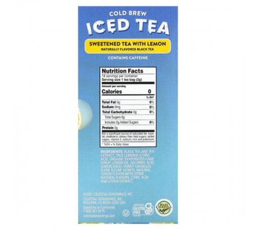 Celestial Seasonings, Cold Brew Iced Tea, підсолоджений чай із лимоном, 18 чайних пакетиків, 37 г (1,3 унції)