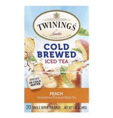 Twinings, холодний чай з льодом, несолодкий чорний чай, зі смаком персика, 20 одноразових чайних пакетиків, 40 г (1,41 унції)