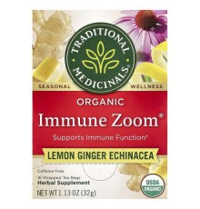 Traditional Medicinals, Organic Immune Zoom®, лимон, імбир і ехінацея, без кофеїну, 16 упакованих чайних пакетиків, 32 г (1,13 унції)