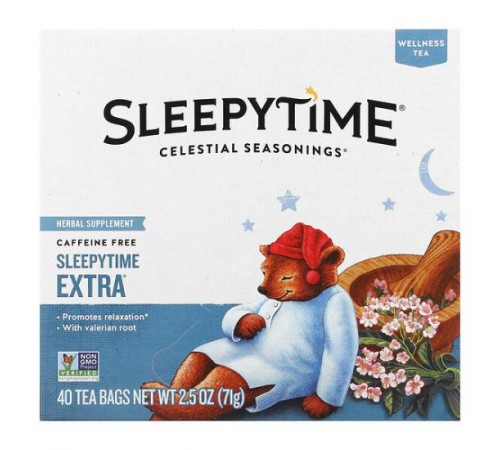 Celestial Seasonings, Wellness Tea, Sleepytime Extra, чай Sleepytime, без кофеїну, 40 чайних пакетиків, 71 г (2,5 унції)