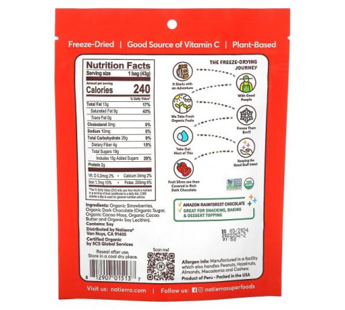 Natierra, Organic Freeze-Dried, Chocolate Strawberry Slices, 1.5 oz (43 g) Natierra, Organic Freeze-Dried, Chocolate Strawberry Slices, 1.5 oz (43 g)