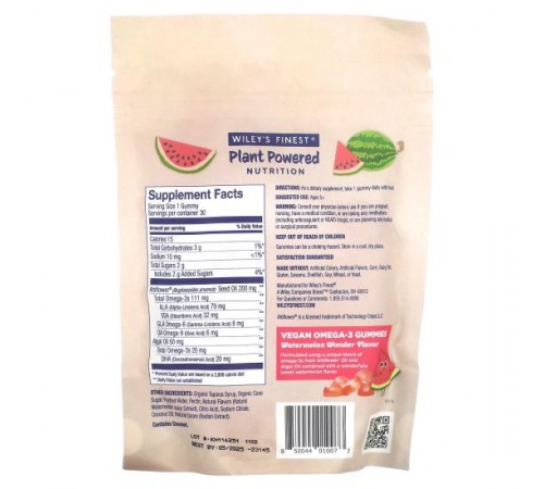 Wiley's Finest, Plant Powered Nutrition, веганські жувальні таблетки з омега-3, для дітей, Watermelon Wonder, 131 мг, 30 жувальних таблеток Wiley's Finest, Plant Powered Nutrition, веганські жувальні таблетки з омега-3, для дітей, Watermelon Wonder, 131 мг, 30 жувальних таблеток
