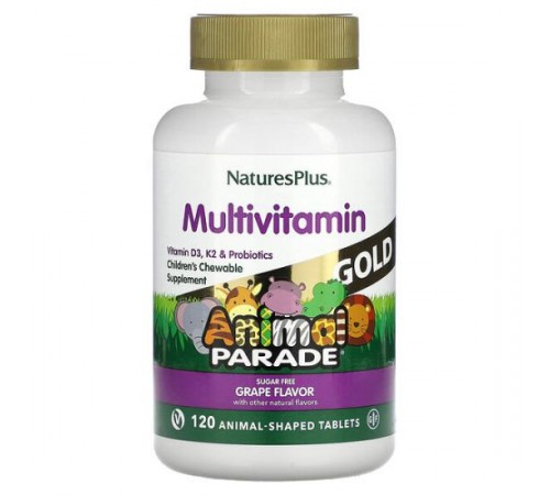 NaturesPlus, Source of Life, Animal Parade Gold, жувальна добавка з мультивітамінами та мікроелементами для дітей, виноград, 120 таблеток у формі тварин NaturesPlus, Source of Life, Animal Parade Gold, жувальна добавка з мультивітамінами та мікроелементами для дітей, виноград, 120 таблеток у формі тварин