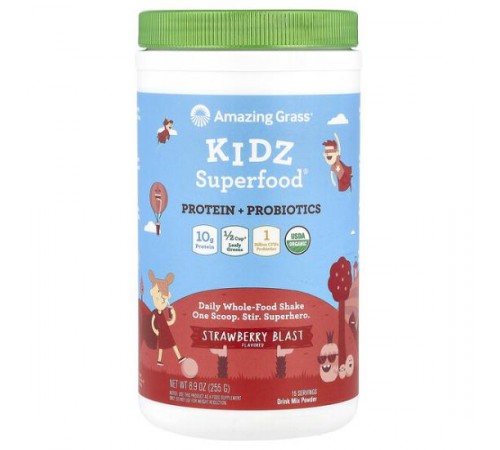 Amazing Grass, Kidz Superfood, протеїн + пробіотики, полуниця, 8,9 унції (255 г)