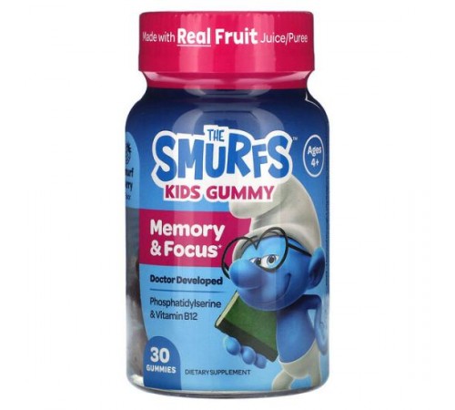 The Smurfs, дитячі жувальні таблетки для пам’яті та концентрації, для дітей від 4 років, зі смаком ягід, 30 жувальних таблеток
