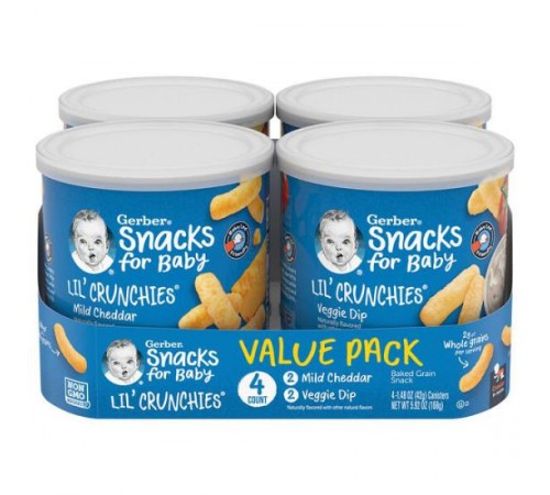 Gerber, Lil' Crunchies, снеки зі злаками для дітей, для дітей від 8 місяців, зі смаком чеддер і овочевий соус, 4 баночки по 42 г (1,48 унції)