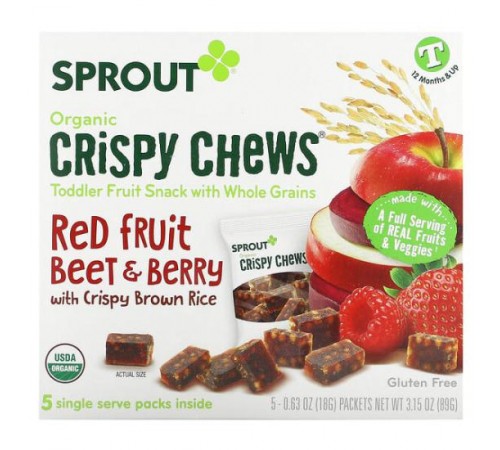 Sprout Organics, Crispy Chews, від 12 місяців і старше, червоні фрукти, буряк і ягоди з хрустким коричневим рисом, 5 пакетиків по 18 г (0,63 унції)