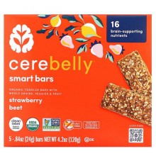 Cerebelly, Smart Bars, органічні батончики для малюків, зі смаком полуниці та буряка, 5 батончиків по 24 г (0,84 унції)