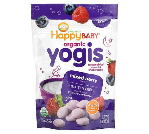 Happy Family Organics, Yogis, органічні снеки з сублімованого йогурту та фруктів, ягідне асорті, 28 г (1 унція) Happy Family Organics, Yogis, органічні снеки з сублімованого йогурту та фруктів, ягідне асорті, 28 г (1 унція)