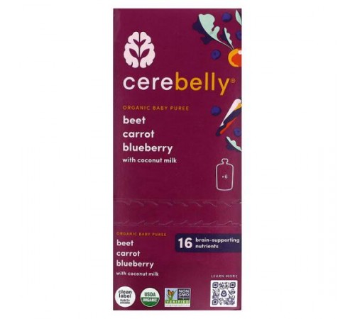 Cerebelly, органічне дитяче пюре, буряк, морква, лохина з кокосовим молоком, 6 пакетиків по 113 г (4 унції) Cerebelly, органічне дитяче пюре, буряк, морква, лохина з кокосовим молоком, 6 пакетиків по 113 г (4 унції)