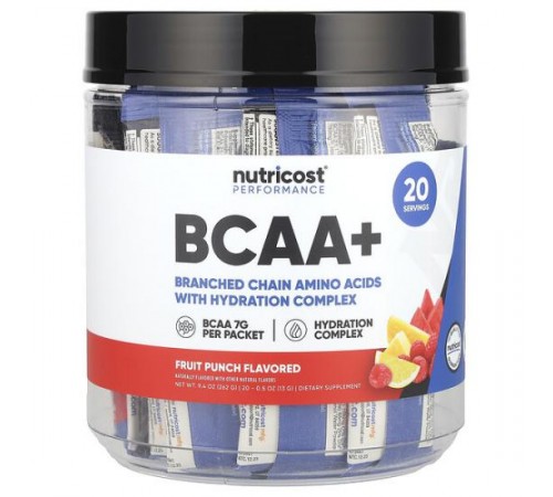 Nutricost, Performance, BCAA+, фруктовий пунш, 20 пакетиків по 13 г (0,5 унції)