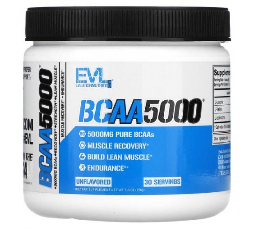 EVLution Nutrition, BCAA5000, без ароматизаторів, 5000 мг, 150 г (5,3 унції)