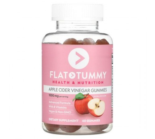 Flat Tummy, жувальні таблетки з яблучним оцтом, натуральне яблуко, 1000 мг, 60 жувальних таблеток