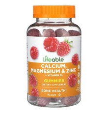 Lifeable, жувальні таблетки з кальцієм, магнієм, цинком і вітаміном D3, натуральна малина, 90 шт.