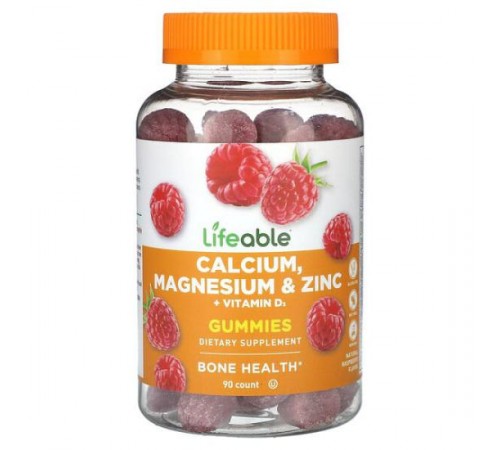 Lifeable, жувальні таблетки з кальцієм, магнієм, цинком і вітаміном D3, натуральна малина, 90 шт.
