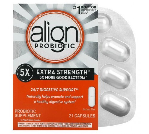 Align Probiotics, цілодобова підтримка травлення, пробіотична добавка, посиленої дії, 21 капсула