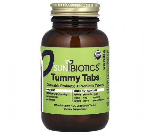 Sunbiotics, Tummy Tabs, жувальні пробіотики та пребіотики, ваніль, 30 вегетаріанських таблеток