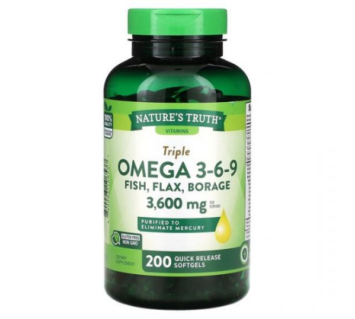 Nature's Truth, Vitamins, комплекс омега-3-6-9, з риби, льону й огірочника, 3600 мг, 200 капсул зі швидким вивільненням (1200 мг у капсулі) Nature's Truth, Vitamins, комплекс омега-3-6-9, з риби, льону й огірочника, 3600 мг, 200 капсул зі швидким вивільненням (1200 мг у капсулі)