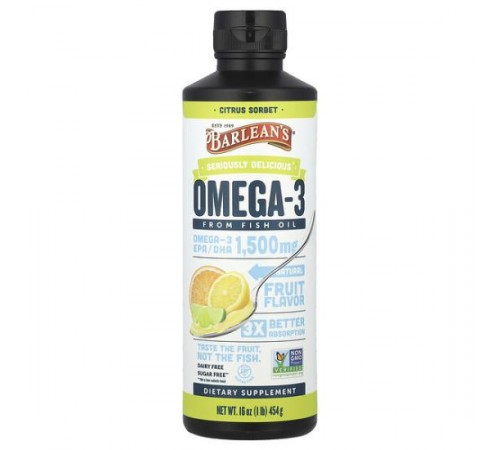 Barlean's, Seriously Delicious, риб'ячий жир Omega-3, цитрусовий сорбет, 1500 мг, 16 унцій (454 г) Barlean's, Seriously Delicious, риб'ячий жир Omega-3, цитрусовий сорбет, 1500 мг, 16 унцій (454 г)