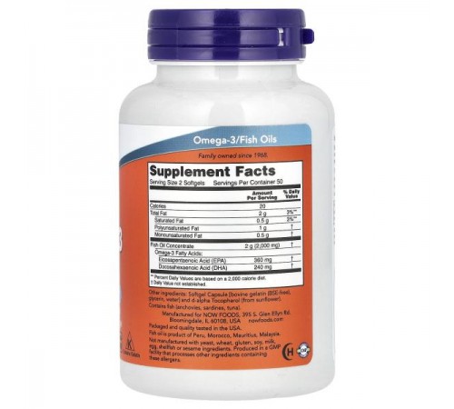 NOW Foods, риб’ячий жир з омега-3, 1000 мг, 180 мг ЕПК та 120 мг ДГК, 100 капсул NOW Foods, риб’ячий жир з омега-3, 1000 мг, 180 мг ЕПК та 120 мг ДГК, 100 капсул