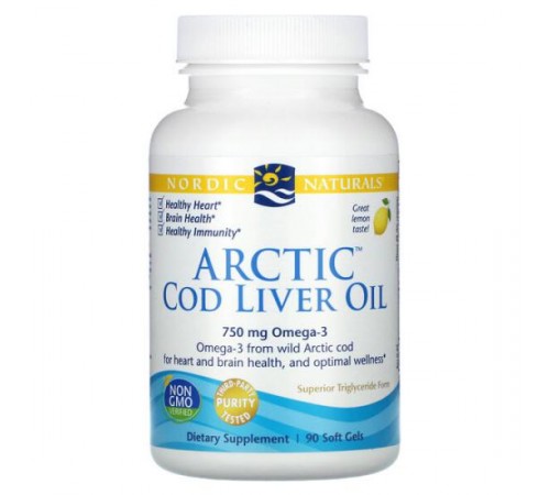 Nordic Naturals, Arctic Cod Liver Oil, жир із печінки тріски, з лимонним смаком, 750 мг, 90 капсул (250 мг у капсулі)