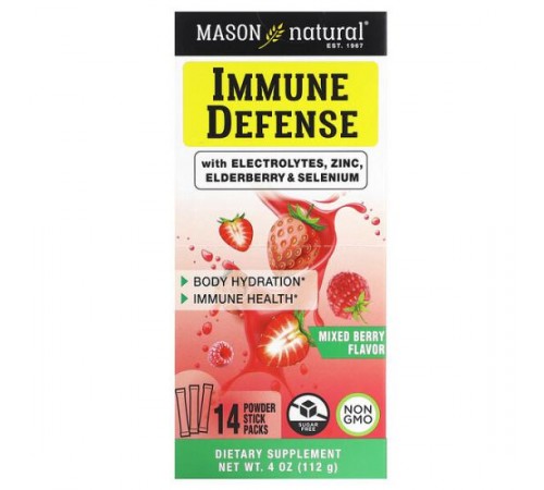 Mason Natural, Immune Defense with Electrolytes, Zinc, elderberry & selenium, ягідна суміш, 14 пакетиків-стіків, по 8 г (0,28 унції)