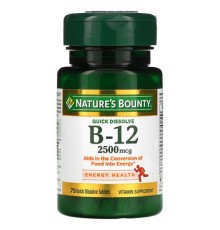 Nature's Bounty, B12, натуральна вишня, 2500 мкг, 75 швидкорозчинних таблеток