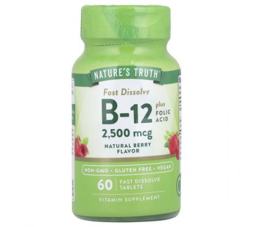 Nature's Truth, вітамін B12 із фолієвою кислотою, натуральні ягоди, 2500 мкг, 60 швидкорозчинних таблеток Nature's Truth, вітамін B12 із фолієвою кислотою, натуральні ягоди, 2500 мкг, 60 швидкорозчинних таблеток