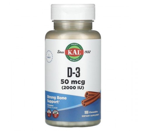 KAL, D-3, кориця, 50 мкг (2000 МО), 100 жувальних таблеток KAL, D-3, кориця, 50 мкг (2000 МО), 100 жувальних таблеток