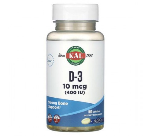 KAL, D-3, 10 мкг (400 МО), 100 капсул KAL, D-3, 10 мкг (400 МО), 100 капсул