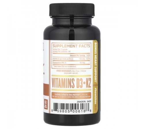Zhou Nutrition, K2 + D3, 2-In-1 Support, 60 Veggie Capsules