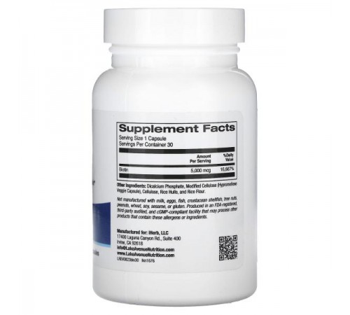 Lake Avenue Nutrition, біотин, 5000 мкг, 30 вегетаріанських капсул Lake Avenue Nutrition, біотин, 5000 мкг, 30 вегетаріанських капсул