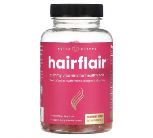 NutraChamps, Hairflair, суміш натуральних ягід, 60 жувальних ведмедиків NutraChamps, Hairflair, суміш натуральних ягід, 60 жувальних ведмедиків