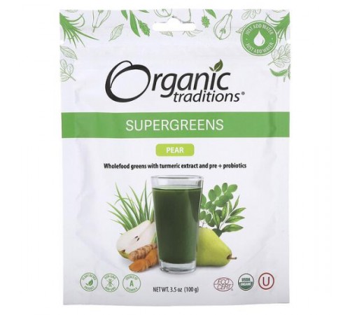 Organic Traditions, Supergreens, груша, 100 г (3,5 унції)