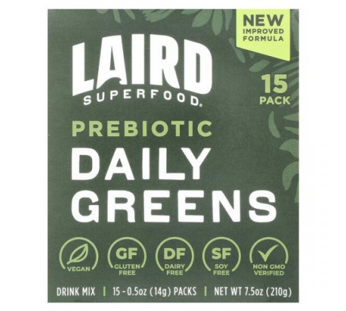 Laird Superfood, Prebiotic Daily Greens, 15 пакетиків по 14 г (0,5 унції).