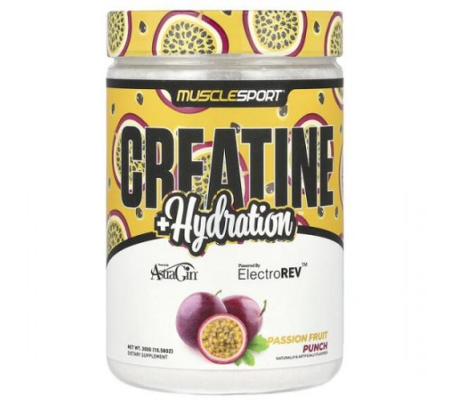 MuscleSport, Creatine + Hydration, пунш із маракуйєю, 300 г (10,58 унції)