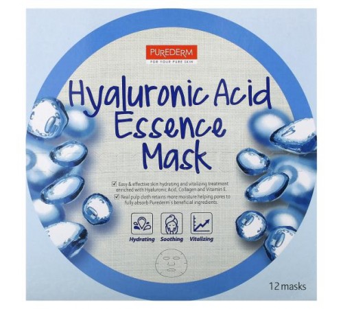 Purederm, косметична маска з есенцією з гіалуроновою кислотою, 12 шт. по 18 г (0,63 унції) Purederm, косметична маска з есенцією з гіалуроновою кислотою, 12 шт. по 18 г (0,63 унції)