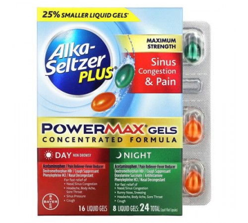 Alka-Seltzer Plus, PowerMax, гелі від закладеності носових пазух і болю, максимальна ефективність, денний і нічний, 24 гелії Alka-Seltzer Plus, PowerMax, гелі від закладеності носових пазух і болю, максимальна ефективність, денний і нічний, 24 гелії