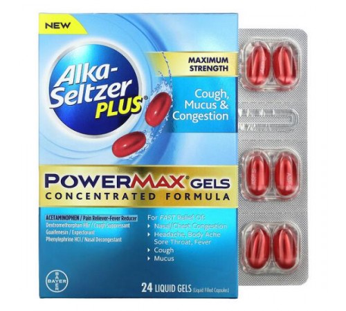 Alka-Seltzer Plus, PowerMax, гелі від кашлю, слизу та закладеності, максимальна ефективність, 24 гелі рідини Alka-Seltzer Plus, PowerMax, гелі від кашлю, слизу та закладеності, максимальна ефективність, 24 гелі рідини