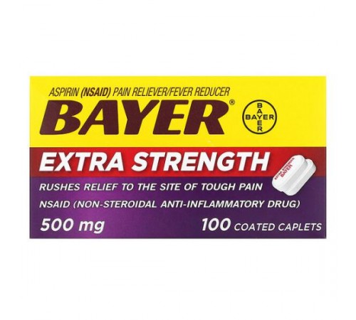 Bayer, аспірин посиленої дії, 500 мг, 100 капсул, вкритих оболонкою