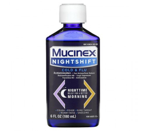 Mucinex, Nightshift, засіб від застуди та грипу, для дітей старше 12 років, 180 мл (6 рідк. унцій)