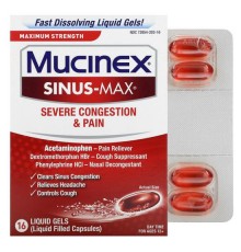 Mucinex, Sinus-Max, сильна конгестия та біль, максимальна сила, для дітей старше 12 років, 16 капсул із рідиною