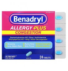 Benadryl, Allergy Plus, від заторів, 24 таблетки