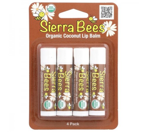 Sierra Bees, органічний бальзам для губ, кокос, 4 шт. в упаковці по 4,25 г (0,15 унції) в кожному