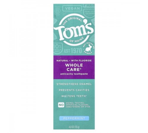 Tom's of Maine, Whole Care®, натуральна зубна паста проти карієсу з фтором, перцева м’ята, 113 г (4 унції) Tom's of Maine, Whole Care®, натуральна зубна паста проти карієсу з фтором, перцева м’ята, 113 г (4 унції)