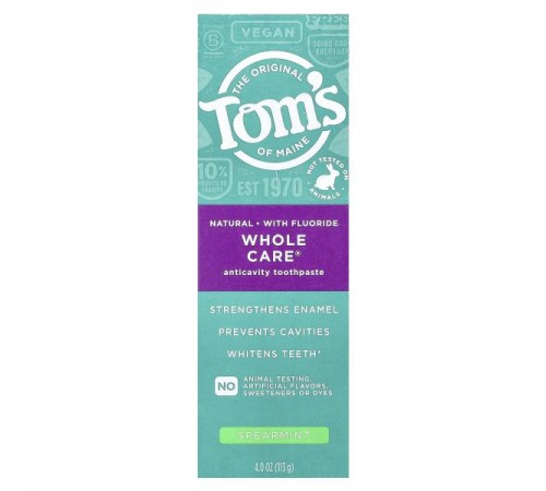 Tom's of Maine, Whole Care®, натуральна зубна паста з фтором проти карієсу, м’ята кучерява, 113 г (4 унції) Tom's of Maine, Whole Care®, натуральна зубна паста з фтором проти карієсу, м’ята кучерява, 113 г (4 унції)