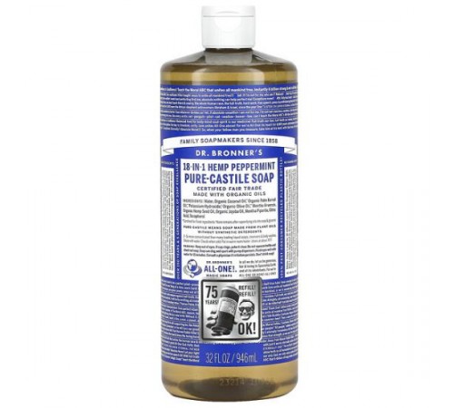 Dr. Bronner's, кастильське мило з коноплями «18 в 1», перцева м’ята, 946 мл (32 рідк. унції)